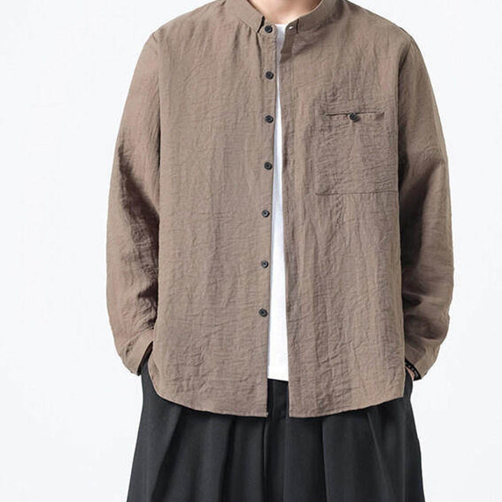 Chemise en coton à manches longues et col montant pour homme, style vintage, uni, avec boutons et Buddha Stones - image 18