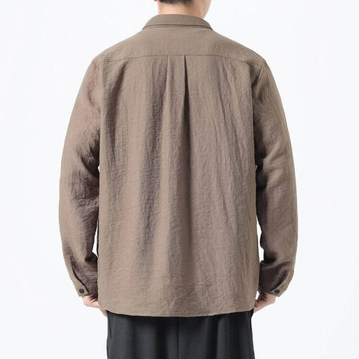 Chemise en coton à manches longues et col montant pour homme, style vintage, uni, avec boutons et Buddha Stones - image 18