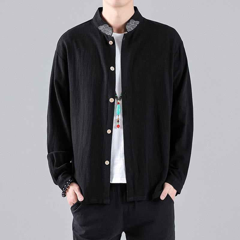 Chemise en coton à manches longues et col montant pour homme, brodée de Buddha Stones et de nuages de bon augure - image 2