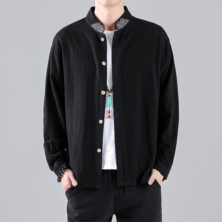 Chemise en coton à manches longues et col montant pour homme, brodée de Buddha Stones et de nuages de bon augure - image 2