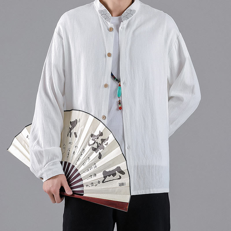 Chemise en coton à manches longues et col montant pour homme, brodée de Buddha Stones et de nuages de bon augure - image 8