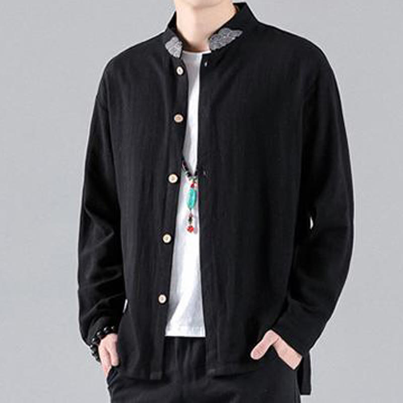 Chemise en coton à manches longues et col montant pour homme, brodée de Buddha Stones et de nuages de bon augure - image 5