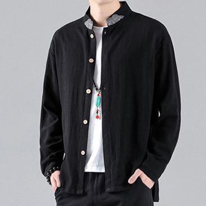 Chemise en coton à manches longues et col montant pour homme, brodée de Buddha Stones et de nuages de bon augure - image 5