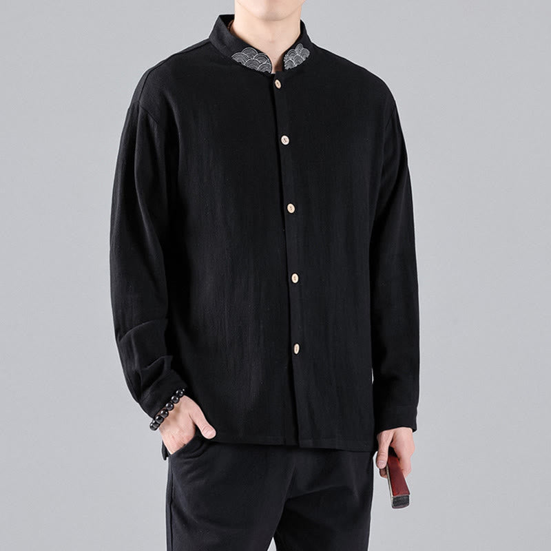 Chemise en coton à manches longues et col montant pour homme, brodée de Buddha Stones et de nuages de bon augure - image 6