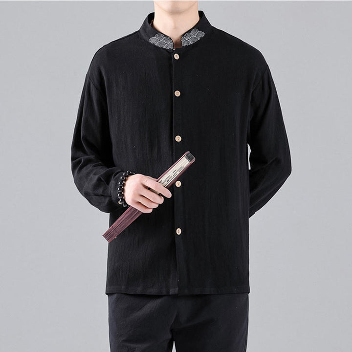Chemise en coton à manches longues et col montant pour homme, brodée de Buddha Stones et de nuages de bon augure - image 4