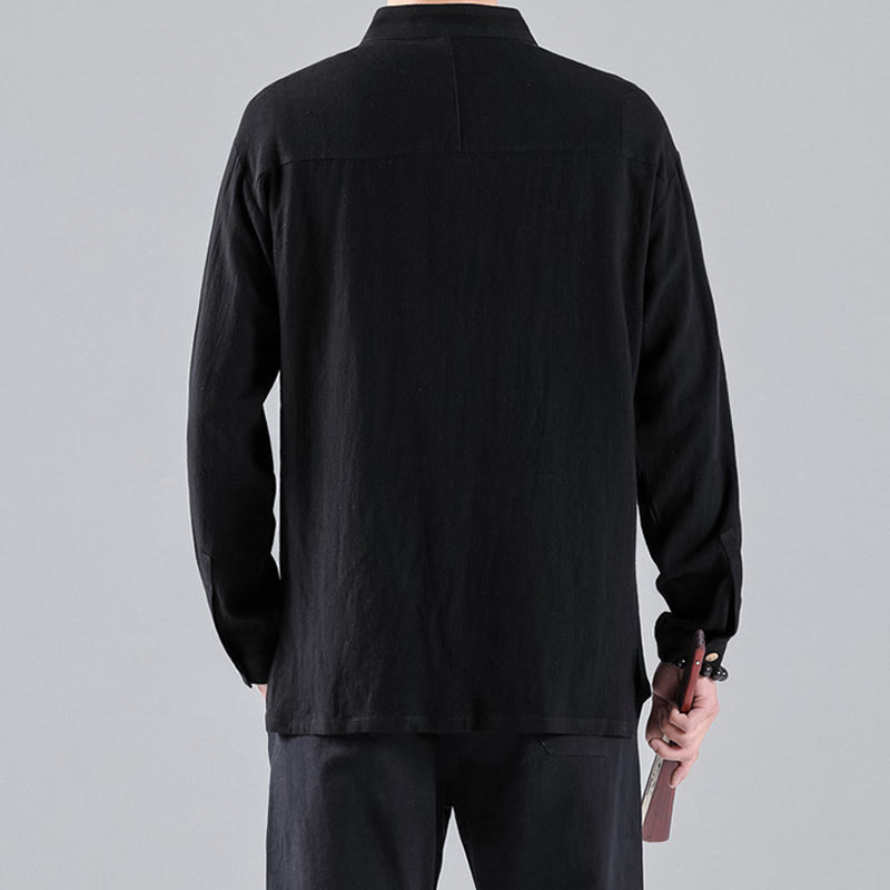 Chemise en coton à manches longues et col montant pour homme, brodée de Buddha Stones et de nuages de bon augure - image 3