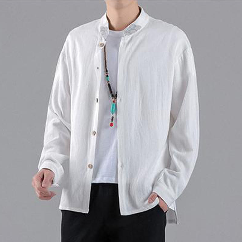 Chemise en coton à manches longues et col montant pour homme, brodée de Buddha Stones et de nuages de bon augure - image 10