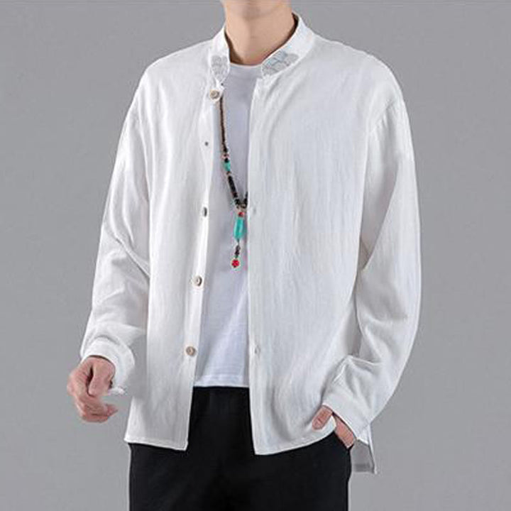 Chemise en coton à manches longues et col montant pour homme, brodée de Buddha Stones et de nuages de bon augure - image 10