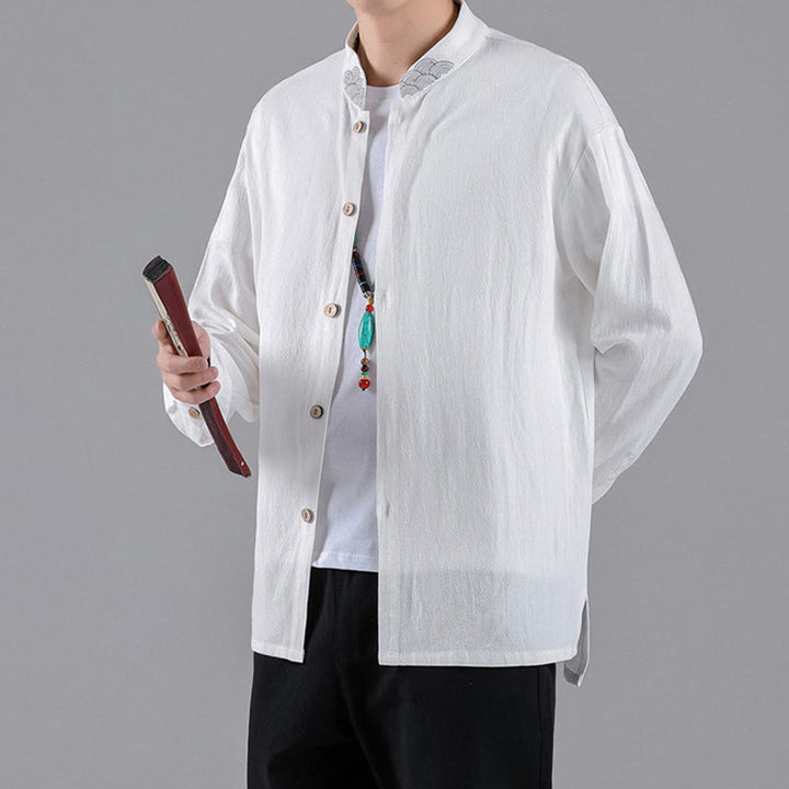Chemise en coton à manches longues et col montant pour homme, brodée de Buddha Stones et de nuages de bon augure - image 14