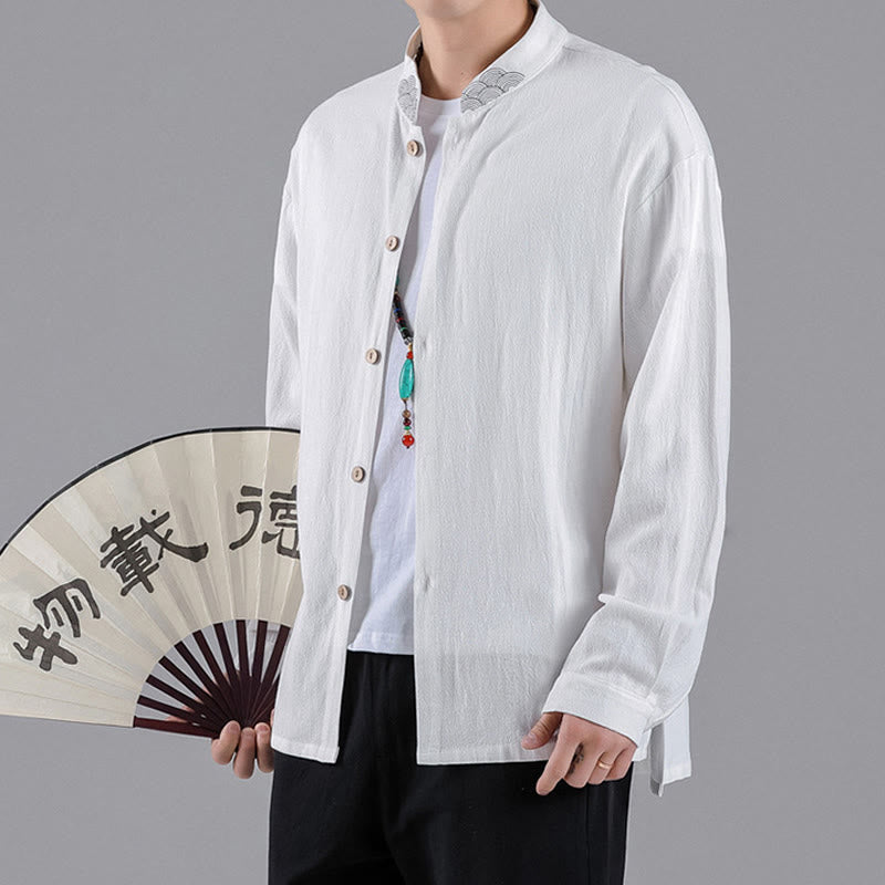 Chemise en coton à manches longues et col montant pour homme, brodée de Buddha Stones et de nuages de bon augure - image 12