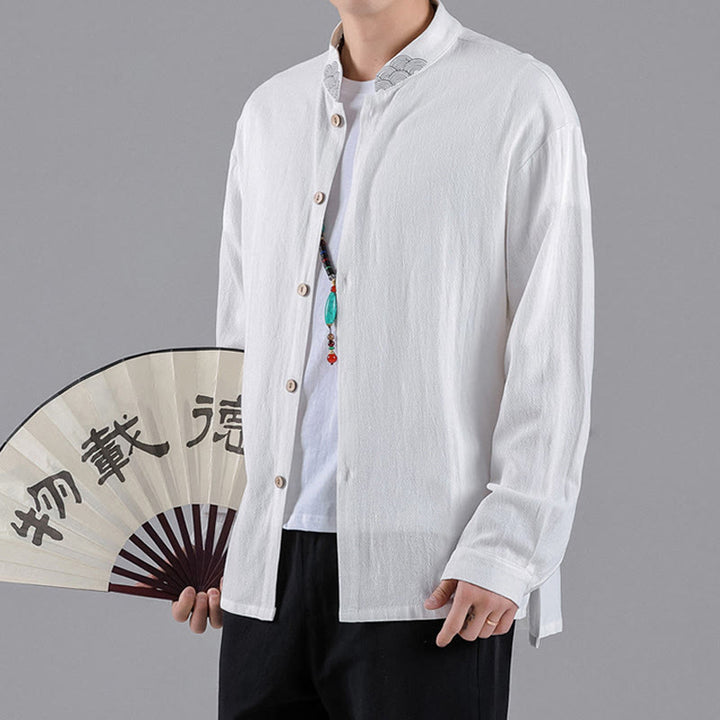 Chemise en coton à manches longues et col montant pour homme, brodée de Buddha Stones et de nuages de bon augure - image 12