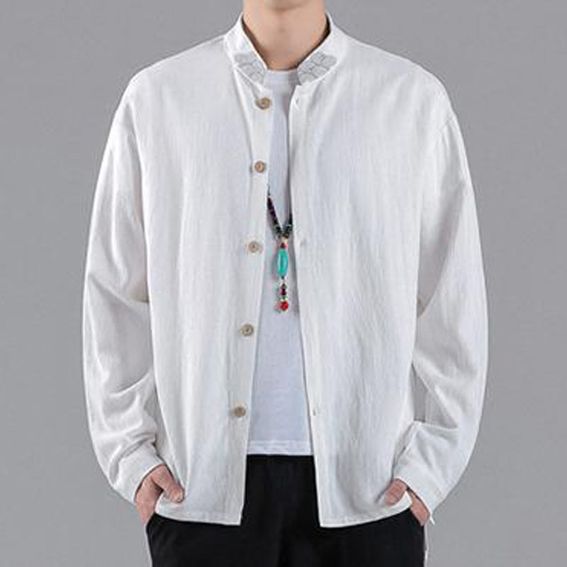 Chemise en coton à manches longues et col montant pour homme, brodée de Buddha Stones et de nuages de bon augure - Blanc - US/UK/AU46，EU56 (5XL) - image 7