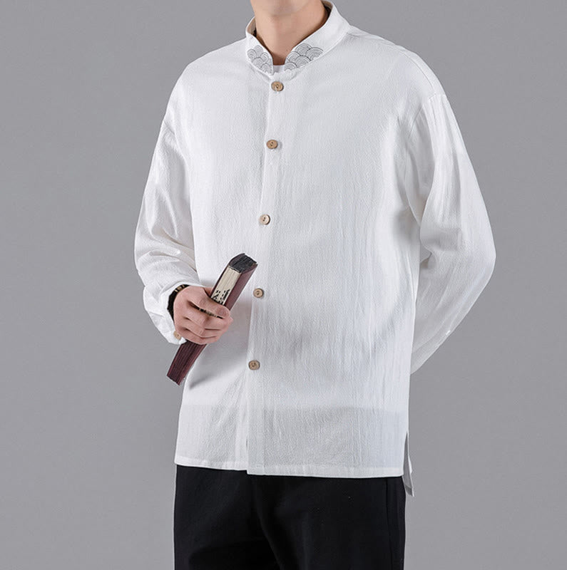 Chemise en coton à manches longues et col montant pour homme, brodée de Buddha Stones et de nuages de bon augure - image 11