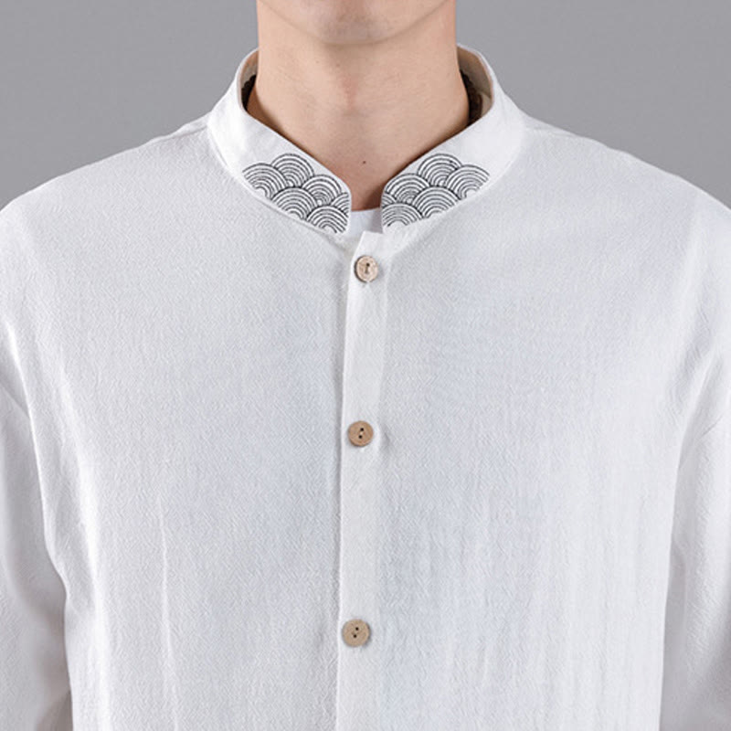 Chemise en coton à manches longues et col montant pour homme, brodée de Buddha Stones et de nuages de bon augure - image 15