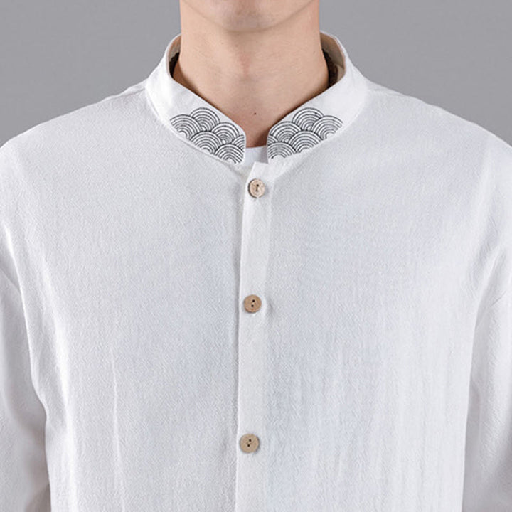 Chemise en coton à manches longues et col montant pour homme, brodée de Buddha Stones et de nuages de bon augure - image 15
