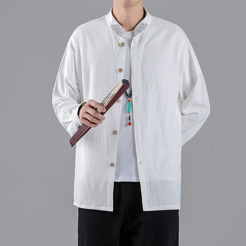 Chemise en coton à manches longues et col montant pour homme, brodée de Buddha Stones et de nuages de bon augure - image 13