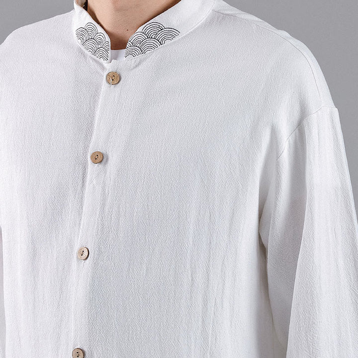 Chemise en coton à manches longues et col montant pour homme, brodée de Buddha Stones et de nuages de bon augure - image 16
