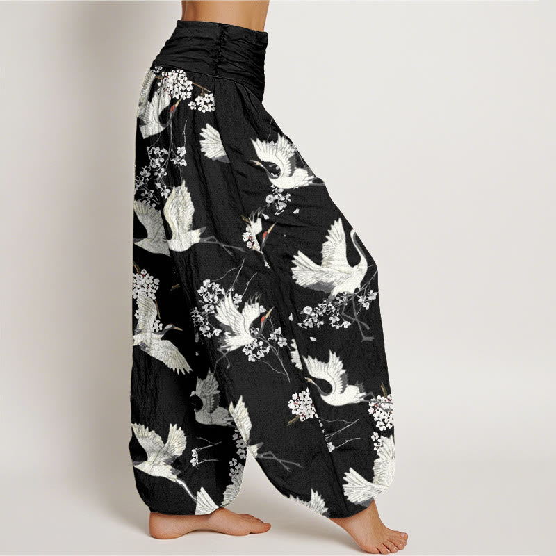 Pantalon harem à taille élastique pour femme, en coton, motif fleurs de grue et Buddha Stones, décontracté et élégant - image 1