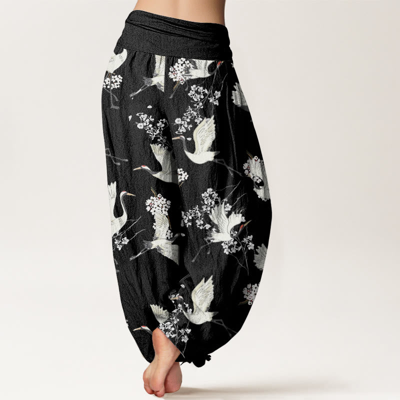 Pantalon sarouel décontracté et élégant à taille élastique pour femme, motif grue et fleurs, Buddha Stones - image 3