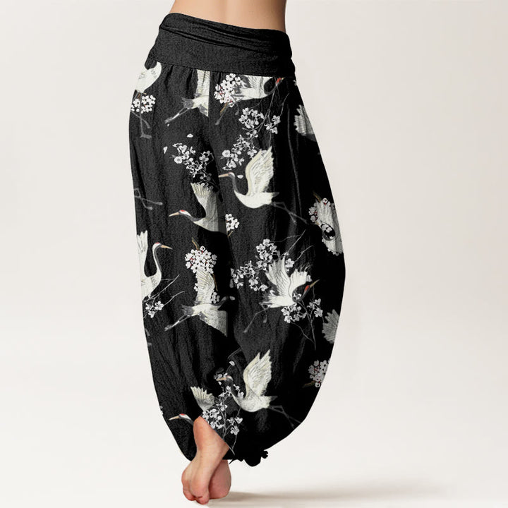 Pantalon sarouel décontracté et élégant à taille élastique pour femme, motif grue et fleurs, Buddha Stones - image 3