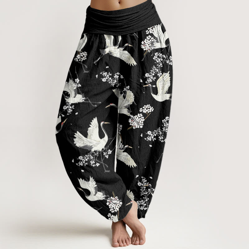 Pantalon sarouel décontracté et élégant à taille élastique pour femme, motif grue et fleurs, Buddha Stones - Noir - US22，UK/AU26，EU54 (6XL) - image 0