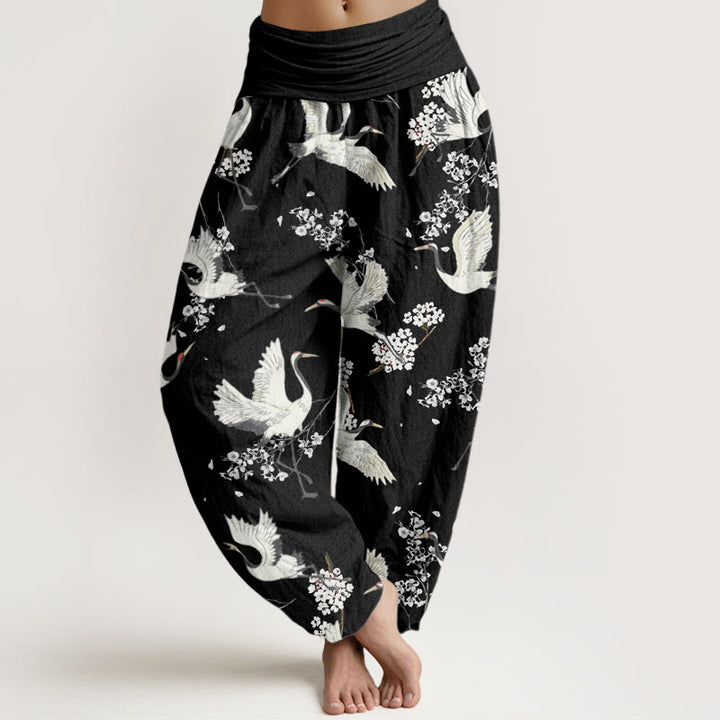 Pantalon harem à taille élastique pour femme, en coton, motif fleurs de grue et Buddha Stones, décontracté et élégant - Noir - US22，UK/AU26，EU54 (6XL) - image 0