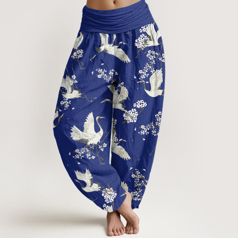 Pantalon sarouel décontracté et élégant à taille élastique pour femme, motif grue et fleurs, Buddha Stones - Bleu moyen - US22，UK/AU26，EU54 (6XL) - image 5