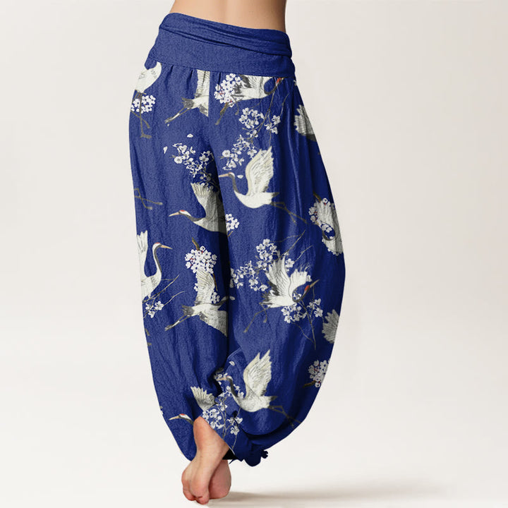 Pantalon sarouel décontracté et élégant à taille élastique pour femme, motif grue et fleurs, Buddha Stones - image 7
