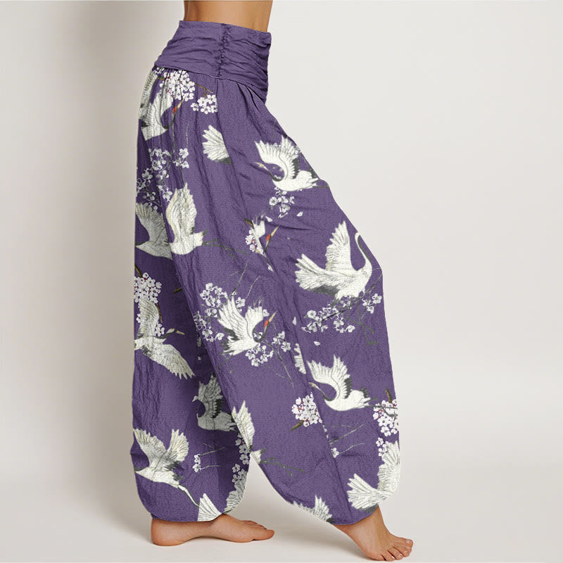 Pantalon sarouel décontracté et élégant à taille élastique pour femme, motif grue et fleurs, Buddha Stones - image 8