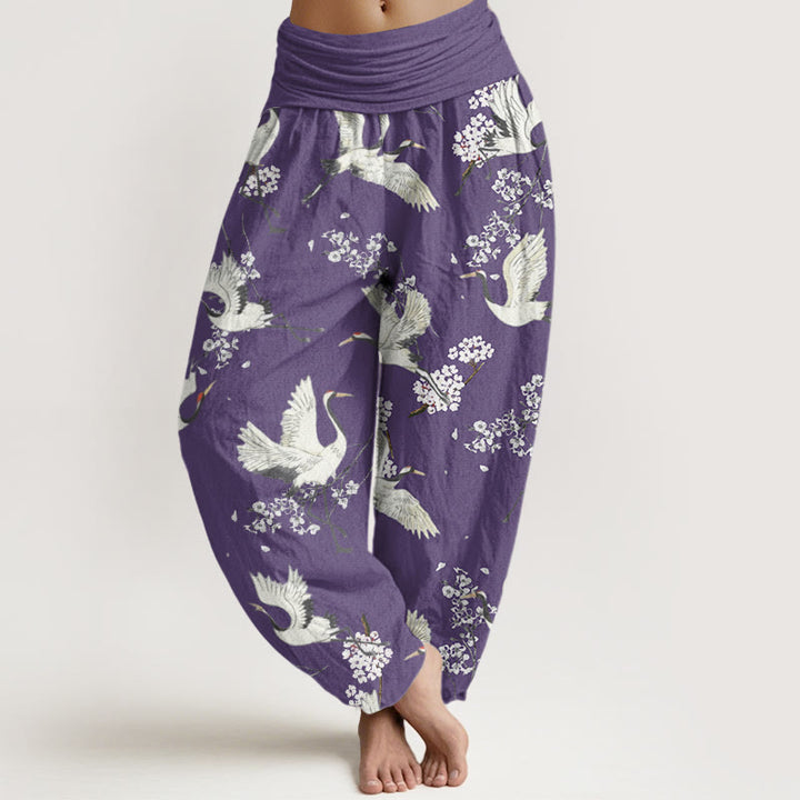 Pantalon sarouel décontracté et élégant à taille élastique pour femme, motif grue et fleurs, Buddha Stones - Violet moyen - US22，UK/AU26，EU54 (6XL) - image 7