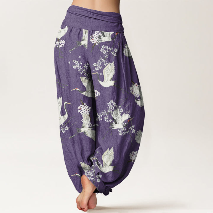 Pantalon sarouel décontracté et élégant à taille élastique pour femme, motif grue et fleurs, Buddha Stones - image 10