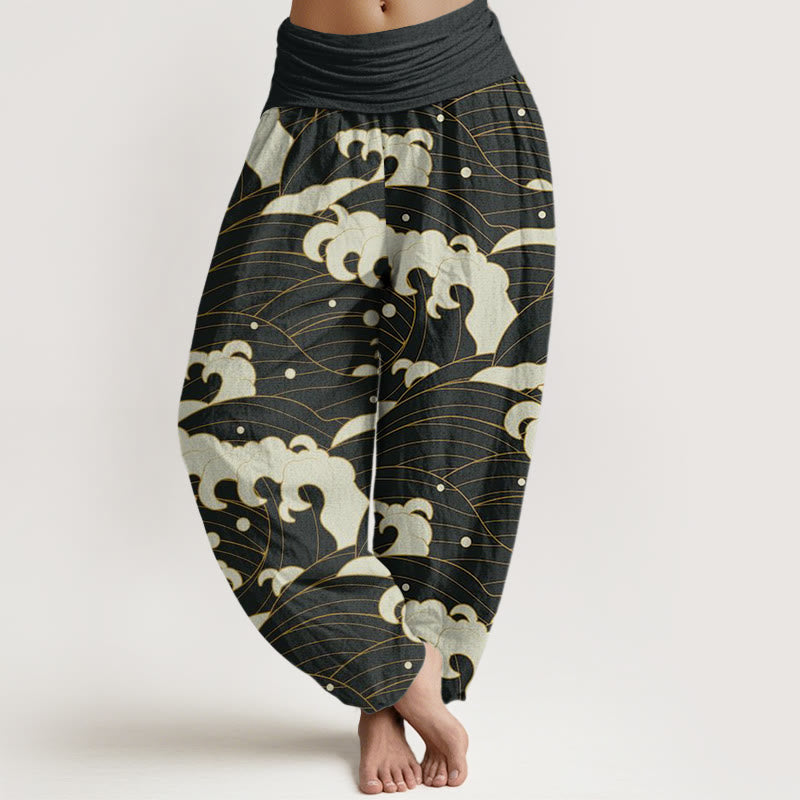 Pantalon harem femme en coton à motif vague abstrait et Buddha Stones , taille élastique - Noir - US22，UK/AU26，EU54 (6XL) - image 0