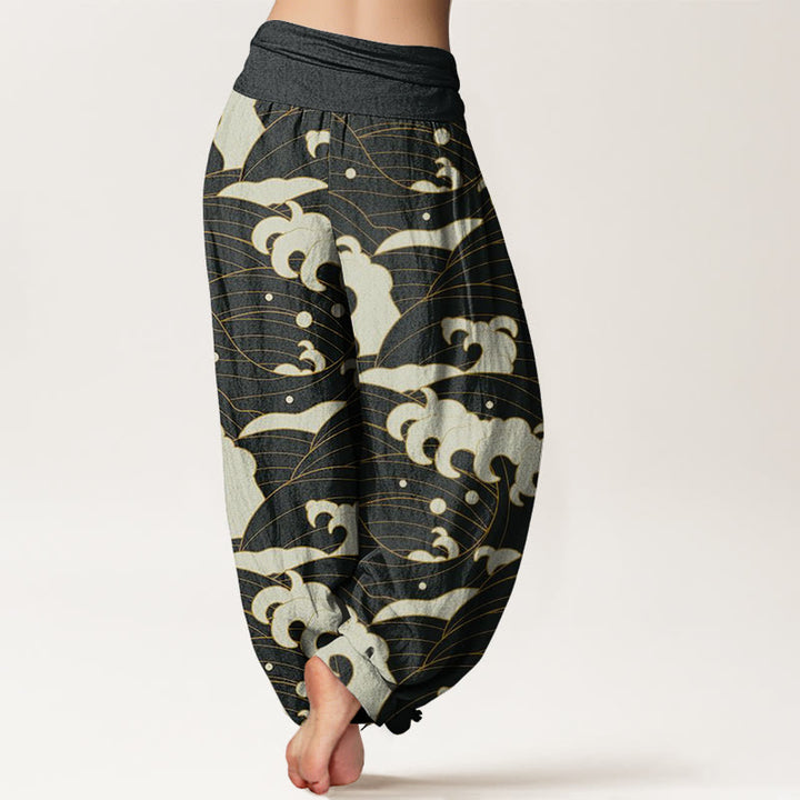 Pantalon sarouel décontracté à taille élastique pour femme avec motif abstrait de vagues et Buddha Stones - image 3