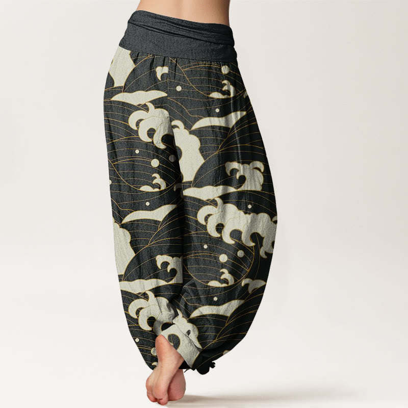Pantalon sarouel décontracté à taille élastique pour femme avec motif abstrait de vagues et Buddha Stones - image 2