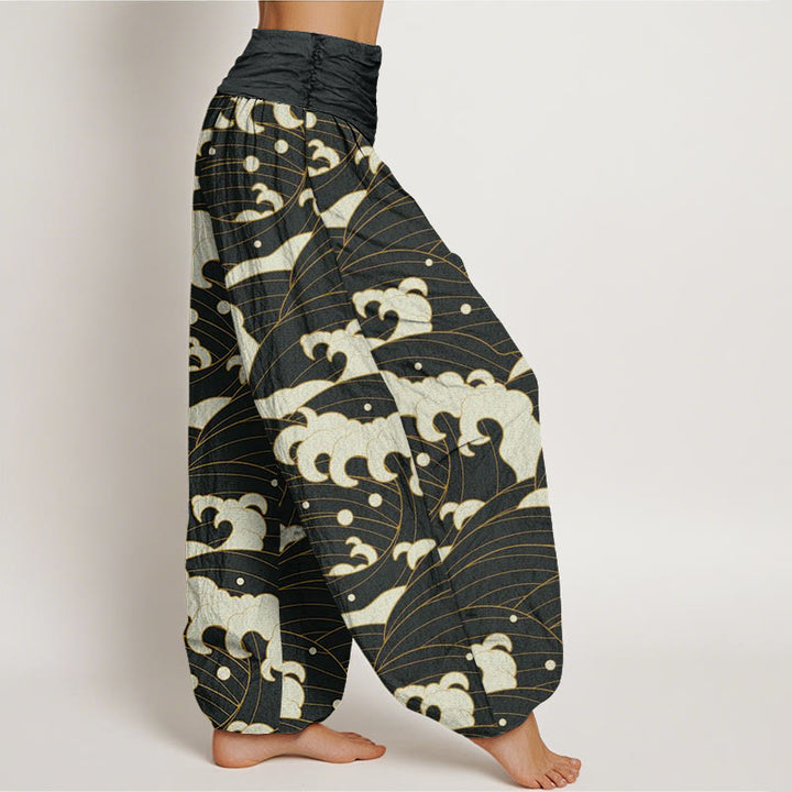 Pantalon sarouel décontracté à taille élastique pour femme avec motif abstrait de vagues et Buddha Stones - image 1