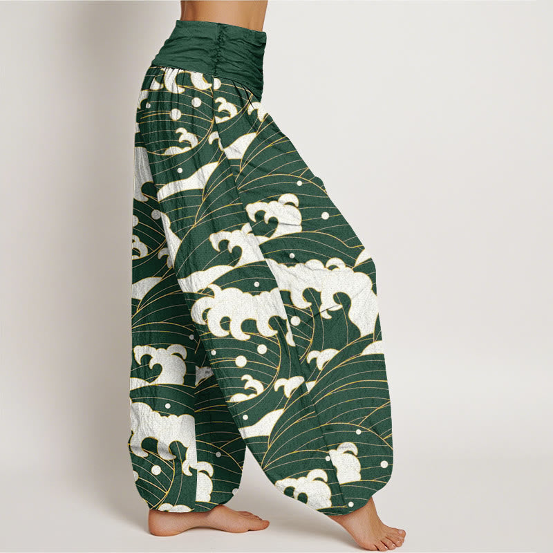 Pantalon sarouel décontracté à taille élastique pour femme avec motif abstrait de vagues et Buddha Stones - image 5