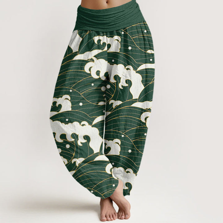 Pantalon sarouel décontracté à taille élastique pour femme avec motif abstrait de vagues et Buddha Stones - Vert - US22，UK/AU26，EU54 (6XL) - image 5