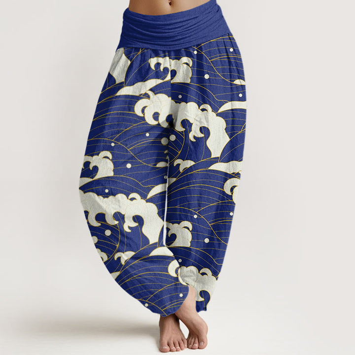 Pantalon sarouel décontracté à taille élastique pour femme avec motif abstrait de vagues et Buddha Stones - Bleu moyen - US22，UK/AU26，EU54 (6XL) - image 8