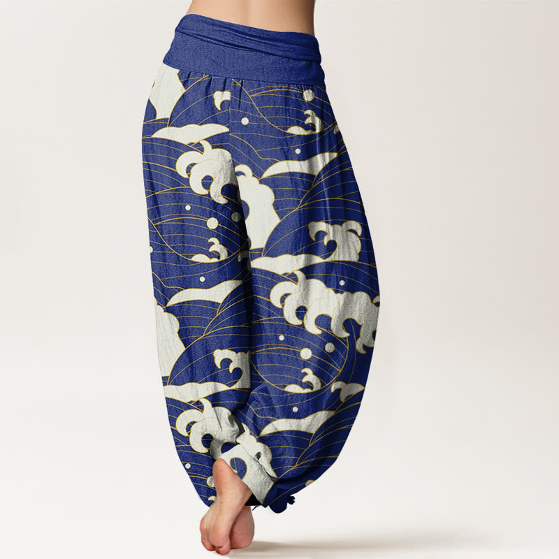 Pantalon sarouel décontracté à taille élastique pour femme avec motif abstrait de vagues et Buddha Stones - image 10