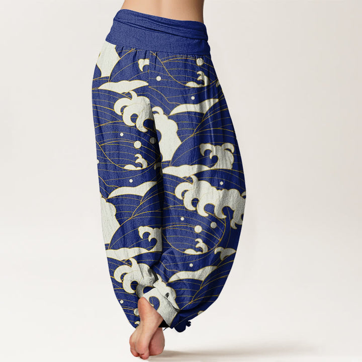 Pantalon sarouel décontracté à taille élastique pour femme avec motif abstrait de vagues et Buddha Stones - image 10