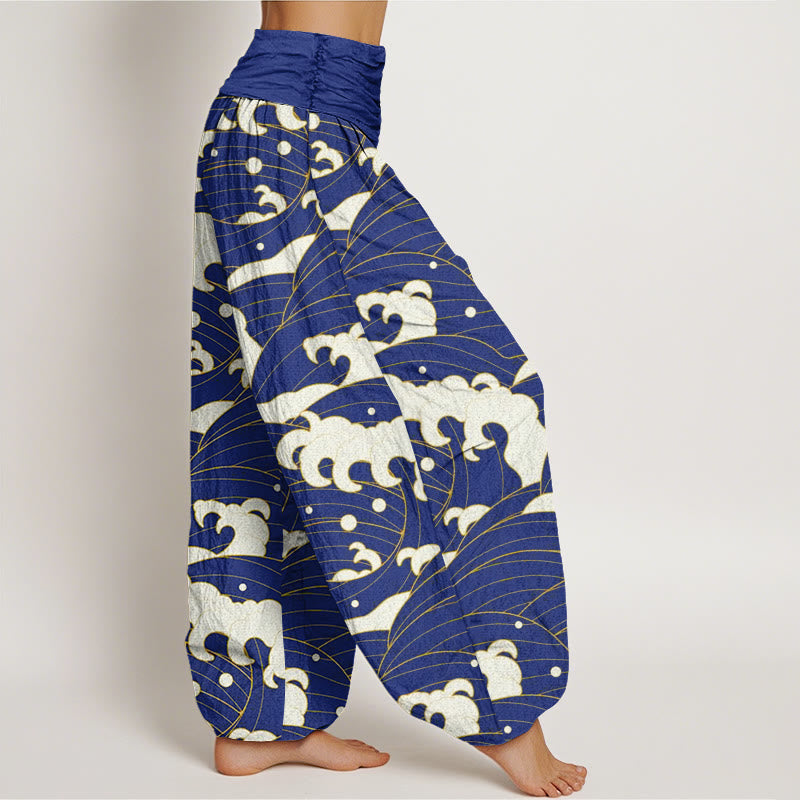 Pantalon sarouel décontracté à taille élastique pour femme avec motif abstrait de vagues et Buddha Stones - image 9