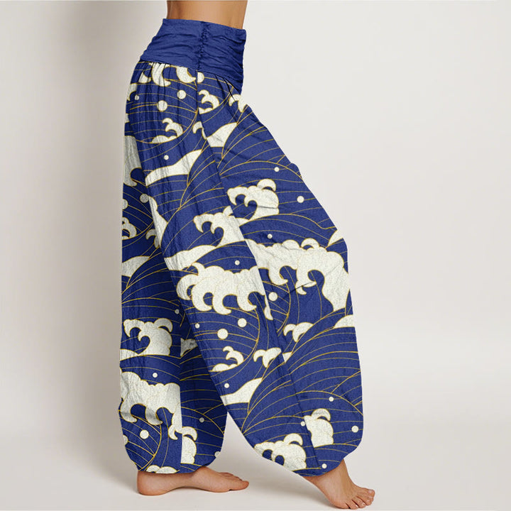 Pantalon sarouel décontracté à taille élastique pour femme avec motif abstrait de vagues et Buddha Stones - image 9