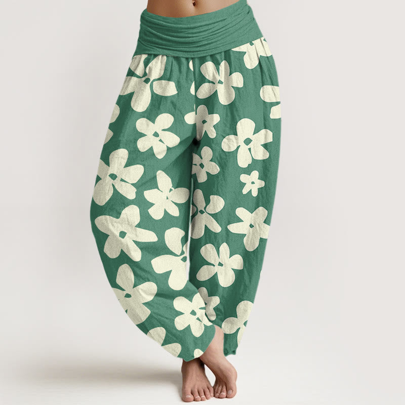 Pantalon harem à taille élastique en coton, style bohème décontracté, imprimé floral et Buddha Stones - Vert mer moyen - US22，UK/AU26，EU54 (6XL) - image 0