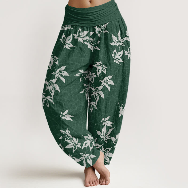 Pantalon harem femme en coton à motif feuille d'érable et Buddha Stones, taille élastique - Vert foncé - US22，UK/AU26，EU54 (6XL) - image 0