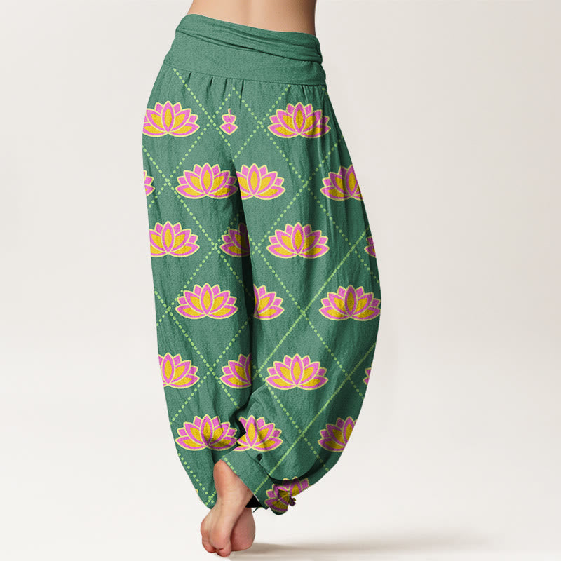 Pantalon sarouel décontracté à taille élastique pour femme avec motif de fleurs de lotus vibrantes et Buddha Stones - image 3