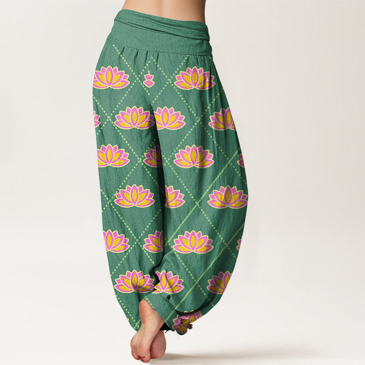 Pantalon sarouel décontracté à taille élastique pour femme avec motif de fleurs de lotus vibrantes et Buddha Stones - image 3