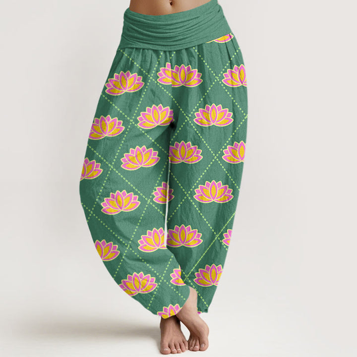 Pantalon sarouel décontracté à taille élastique pour femme avec motif de fleurs de lotus vibrantes et Buddha Stones - Vert de mer moyen - US22，UK/AU26，EU54 (6XL) - image 1