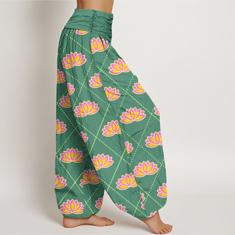 Pantalon sarouel décontracté à taille élastique pour femme avec motif de fleurs de lotus vibrantes et Buddha Stones - image 1