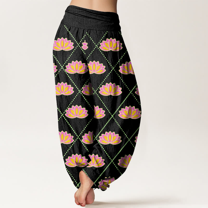 Pantalon sarouel décontracté à taille élastique pour femme avec motif de fleurs de lotus vibrantes et Buddha Stones - image 6
