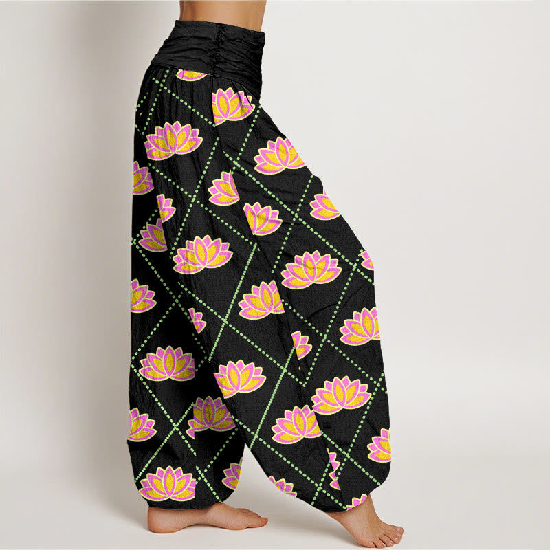Pantalon sarouel décontracté à taille élastique pour femme avec motif de fleurs de lotus vibrantes et Buddha Stones - image 6